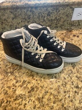 J/SLIDES Quilted Black High-Top Sneakers with Cream Laces
